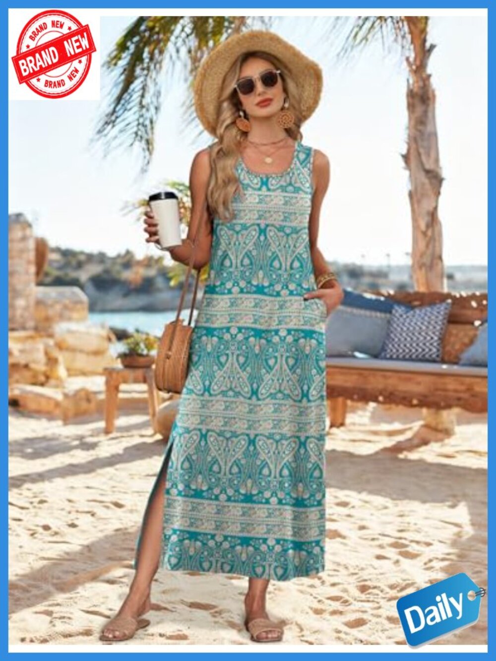 Sleeveless Maxi Dress with Pockets, Boho Summer Sundress, Loose Fit, Crew Neck, - Picture 4 of 6